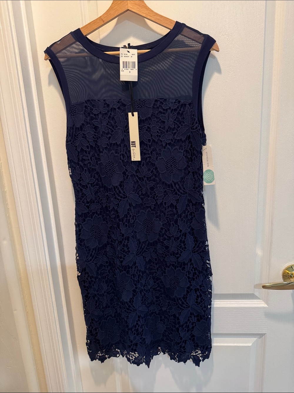 Kut from the Kloth Navy Floral Lace Sheath Dress with Mesh Yoke